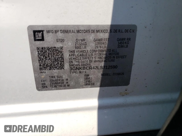 2020 Chevrolet Blazer LT with VIN 3GNKBCR42LS712590, listed as a Copart auction lot 60539095 with 43,309 mi miles and Salvage title. Bid and sale history available at DreamBid. Image 13.