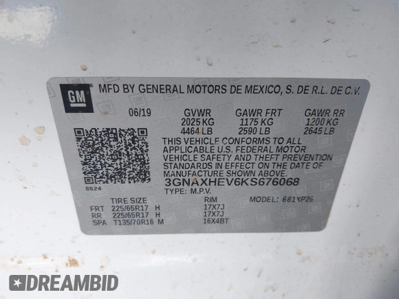 2019 Chevrolet Equinox LS with VIN 3GNAXHEV6KS676068, listed as a IAAI auction lot 42006434 with 55,902 mi miles and . Bid and sale history available at carsss.com. Image 9.