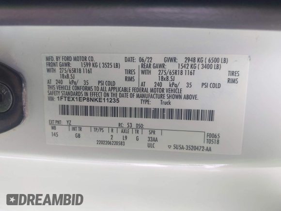 2022 Ford F-150 XL with VIN 1FTEX1EP8NKE11235, listed as a IAAI auction lot 42524567 with 86,647 mi miles and . Bid and sale history available at DreamBid. Image 9.
