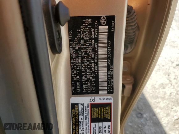 2012 Toyota Camry L with VIN 4T4BF1FKXCR264489, listed as a Copart auction lot 53485495 with 131,762 mi miles and Salvage Title. Bid and sale history available at carsss.com. Image 12.