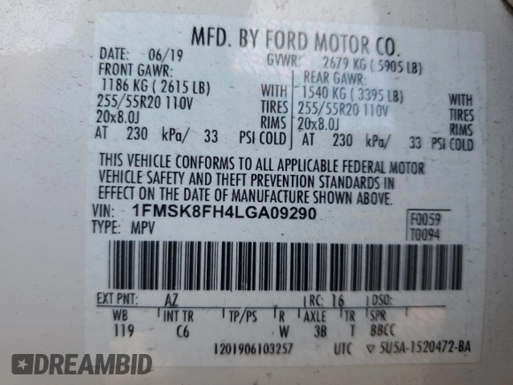 2020 Ford Explorer Limited with VIN 1FMSK8FH4LGA09290, listed as a Copart auction lot 46404145 with 23,029 mi miles and Salvage Title. Bid and sale history available at carsss.com. Image 14.
