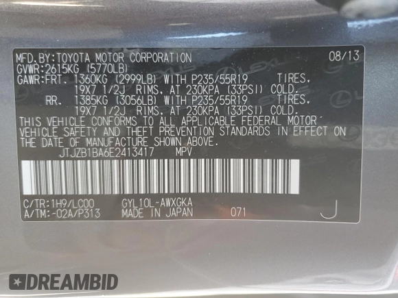 2014 Lexus RX 450h with VIN JTJZB1BA6E2413417, listed as a Copart auction lot 76313904 with Not provided miles and Salvage title. Bid and sale history available at DreamBid. Image 14.