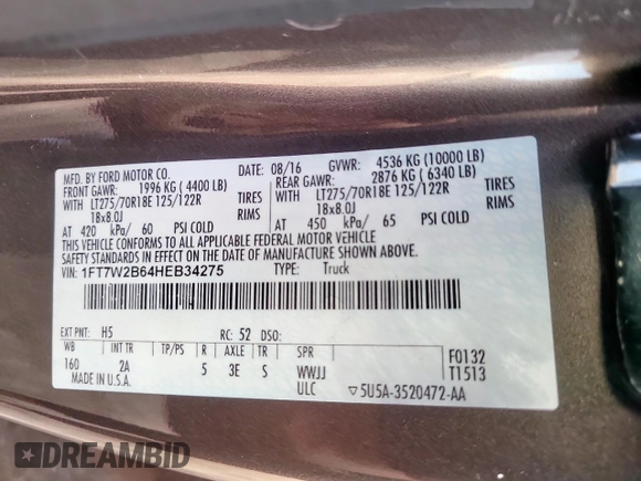 2017 Ford F-250 Lariat с VIN 1FT7W2B64HEB34275, выставлен на аукционе Copart как лот 62846775 с пробегом 153 463 миль миль и Чистый • Clean title. История ставок и продаж доступна на DreamBid. Изображение 10.