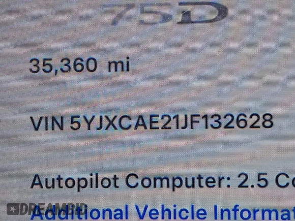 2018 Tesla Model X 75D with VIN 5YJXCAE21JF132628, listed as a IAAI auction lot 42081282 with 35,360 mi miles and . Bid and sale history available at carsss.com. Image 9.