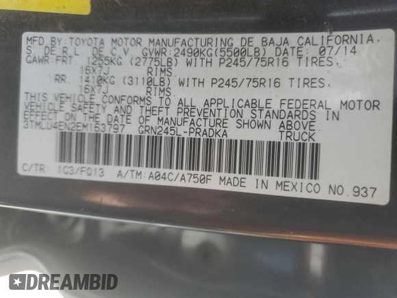 2014 Toyota Tacoma with VIN 3TMLU4EN2EM163797, listed as a Copart auction lot 61078805 with 130,748 mi miles and Salvage title. Bid and sale history available at DreamBid. Image 13.