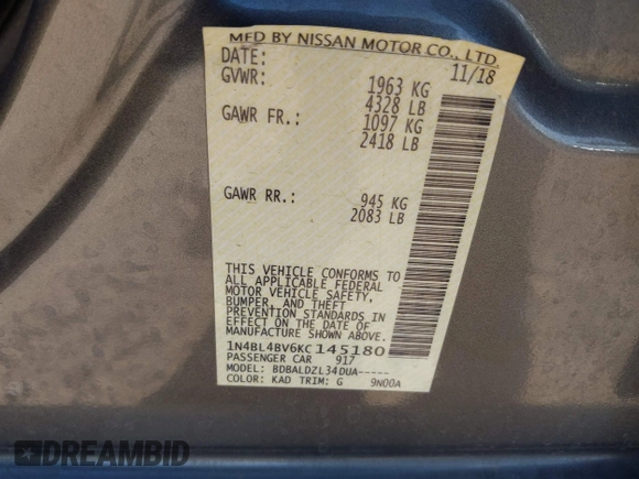 2019 Nissan Altima S with VIN 1N4BL4BV6KC145180, listed as a IAAI auction lot 42021255 with 122,592 mi miles and . Bid and sale history available at carsss.com. Image 9.