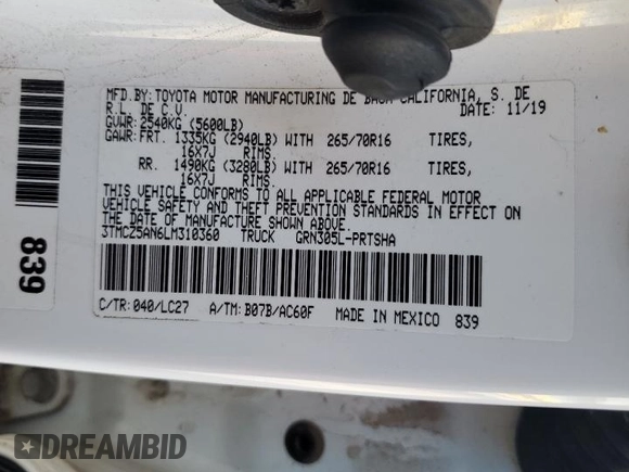2020 Toyota Tacoma SR5 z VIN 3TMCZ5AN6LM310360, wystawiony jako Copart lot #55726645 z przebiegiem 106 262 mil mil oraz Szkoda całkowita • Salvage title. Historia ofert i sprzedaży dostępna na DreamBid. Obrazek 12.