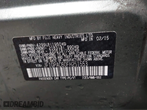 2015 Subaru Impreza Premium z VIN JF1GPAC60FH251553, wystawiony jako IAAI lot #42330354 z przebiegiem 99 830 mil mil oraz . Historia ofert i sprzedaży dostępna na DreamBid. Obrazek 9.