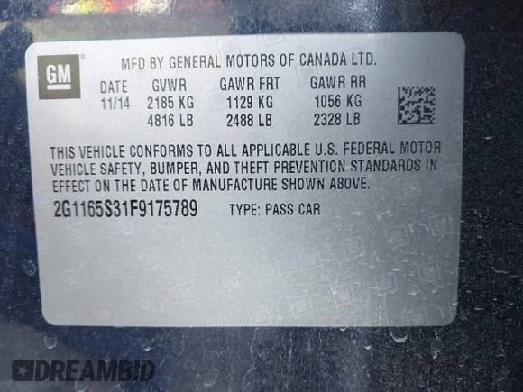 2015 Chevrolet Impala LTZ with VIN 2G1165S31F9175789, listed as a IAAI auction lot 41695378 with 128,444 mi miles and . Bid and sale history available at DreamBid. Image 9.