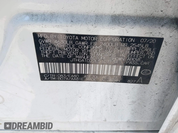 2020 Lexus IS 300 F Sport with VIN JTHGA1D22L5107134, listed as a IAAI auction lot 42430405 with 73,954 mi miles and . Bid and sale history available at DreamBid. Image 9.