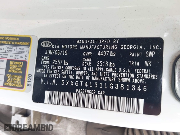 2020 Kia Optima LX with VIN 5XXGT4L31LG381346, listed as a IAAI auction lot 42044720 with 145,726 mi miles and . Bid and sale history available at DreamBid. Image 9.