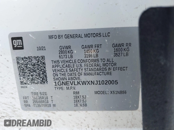 2022 Chevrolet Traverse LS with VIN 1GNEVLKWXNJ102005, listed as a IAAI auction lot 41797800 with 68,800 mi miles. Bid and sale history available at carsss.com. Image 9.