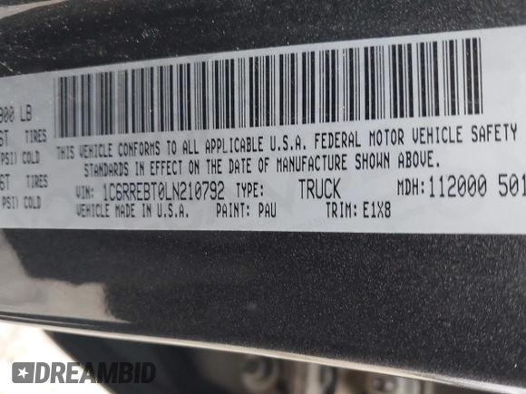 2020 Ram 1500 Big Horn with VIN 1C6RREBT0LN210792, listed as a IAAI auction lot 41540749 with 124,414 mi miles. Bid and sale history available at carsss.com. Image 9.