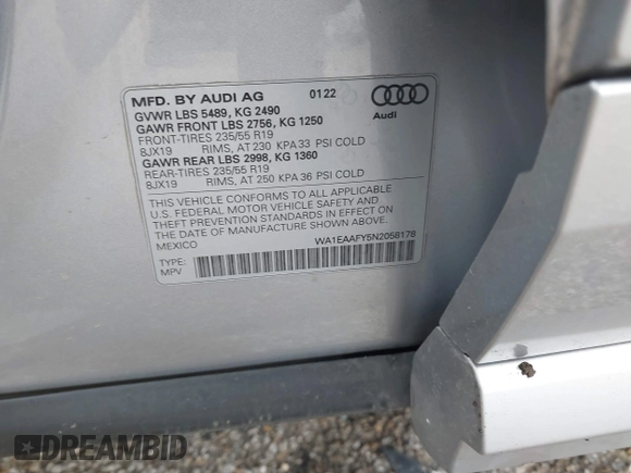 2022 Audi Q5 S line Premium Plus with VIN WA1EAAFY5N2058178, listed as a IAAI auction lot 40869433 with 21,931 mi miles. Bid and sale history available at carsss.com. Image 9.