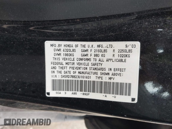 2003 Honda CR-V EX with VIN SHSRD78823U161401, listed as a IAAI auction lot 42211722 with 230,486 mi miles and . Bid and sale history available at carsss.com. Image 9.