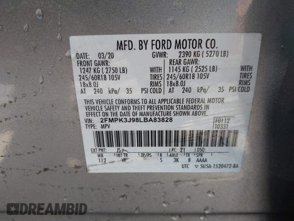 2020 Ford Edge SEL with VIN 2FMPK3J98LBA83828, listed as a IAAI auction lot 42585669 with 60,704 mi miles and . Bid and sale history available at DreamBid. Image 9.