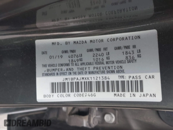 2019 Mazda 3 with VIN JM1BPAJMXK1121384, listed as a IAAI auction lot 41365150 with 38,899 mi miles and . Bid and sale history available at DreamBid. Image 9.