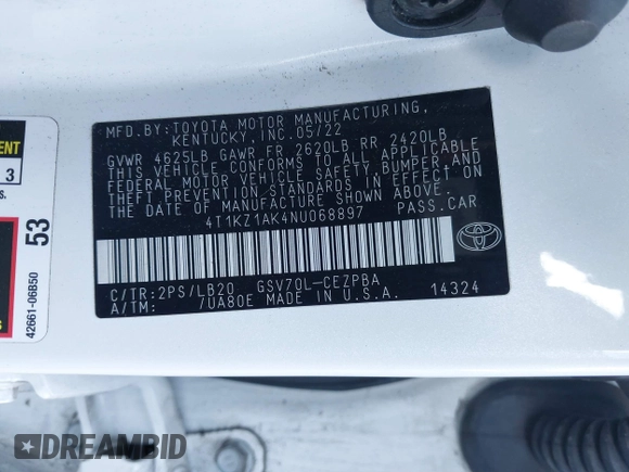 2022 Toyota Camry TRD with VIN 4T1KZ1AK4NU068897, listed as a IAAI auction lot 41851894 with 45,160 mi miles and . Bid and sale history available at DreamBid. Image 9.