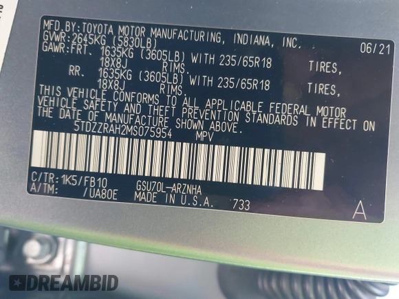 2021 Toyota Highlander L with VIN 5TDZZRAH2MS075954, listed as a IAAI auction lot 41711428 with 145,476 mi miles and . Bid and sale history available at DreamBid. Image 9.