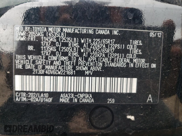 2012 Toyota RAV4 Limited with VIN 2T3DF4DV6CW221681, listed as a Copart auction lot 60923695 with 129,300 mi miles and Salvage title. Bid and sale history available at DreamBid. Image 12.