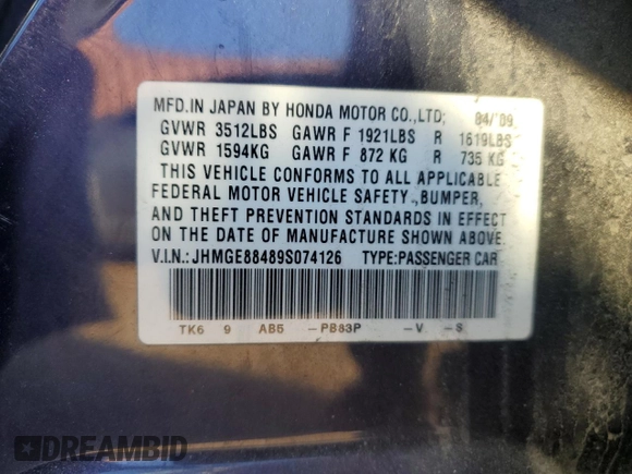 2009 Honda Fit Sport with VIN JHMGE88489S074126, listed as a Copart auction lot 74920054 with 100,157 mi miles and Salvage Title. Bid and sale history available at carsss.com. Image 15.