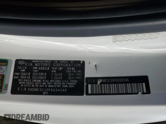 2015 Kia Sedona SX-L with VIN KNDME5C10F6034546, listed as a Copart auction lot 48613095 with 208,601 mi miles and Salvage Title. Bid and sale history available at DreamBid. Image 13.