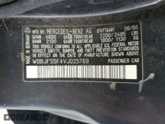 1997 Mercedes-Benz E-Class with VIN WDBJF55F4VJ025769, listed as a Copart auction lot 73460164 with 0 mi miles and Salvage Title. Bid and sale history available at carsss.com. Image 13.