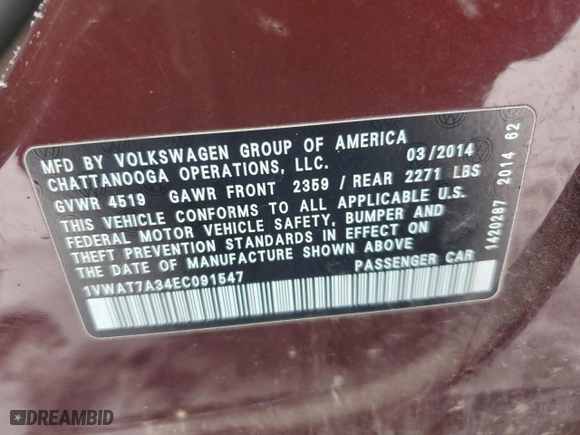 2014 Volkswagen Passat Wolfsburg Ed with VIN 1VWAT7A34EC091547, listed as a Copart auction lot 46141645 with 138,449 mi miles and Salvage Title. Bid and sale history available at carsss.com. Image 14.