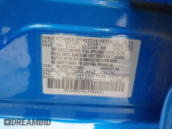 2020 Nissan Sentra SV with VIN 3N1AB8CV6LY266821, listed as a IAAI auction lot 42611492 with 57,362 mi miles and . Bid and sale history available at DreamBid. Image 9.