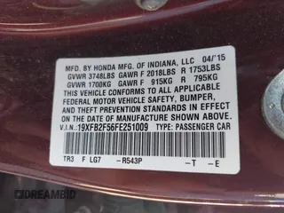 2015 Honda Civic LX with VIN 19XFB2F56FE251009, listed as a IAAI auction lot 41865851 with 95,432 mi miles and . Bid and sale history available at DreamBid. Image 9.