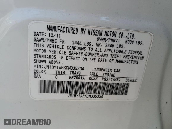 2012 Infiniti M37 with VIN JN1BY1APXCM335334, listed as a Copart auction lot 62503434 with 62,761 mi miles and Salvage Title. Bid and sale history available at carsss.com. Image 12.