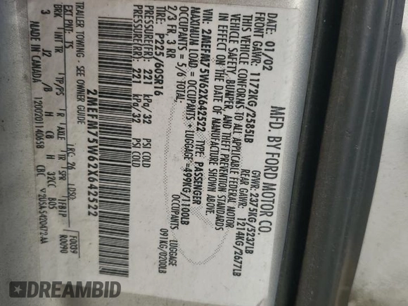 2002 Mercury Grand Marquis LS Premium with VIN 2MEFM75W62X642522, listed as a Copart auction lot 47744225 with 118,318 mi miles and Salvage Title. Bid and sale history available at DreamBid. Image 13.