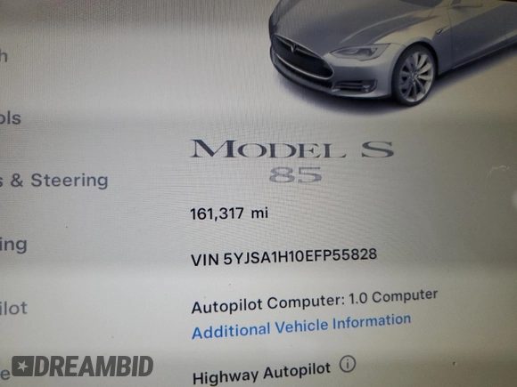 2014 Tesla Model S 60 z VIN 5YJSA1H10EFP55828, wystawiony jako Copart lot #56135145 z przebiegiem 161 317 mil mil oraz Czysty tytuł • Clean title. Historia ofert i sprzedaży dostępna na DreamBid. Obrazek 9.