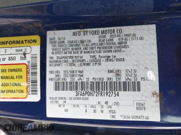 2015 Ford Fusion SE with VIN 3FA6P0H72FR192754, listed as a IAAI auction lot 41898539 with 69,735 mi miles and . Bid and sale history available at DreamBid. Image 9.