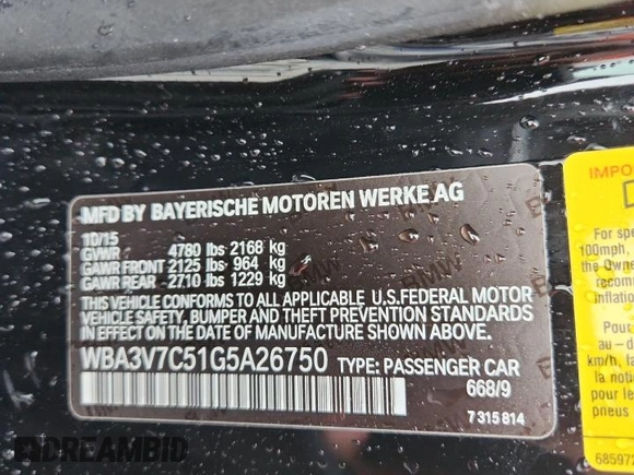 2016 BMW 4 Series 428i with VIN WBA3V7C51G5A26750, listed as a Copart auction lot 57916155 with 72,369 mi miles and Salvage title. Bid and sale history available at DreamBid. Image 13.