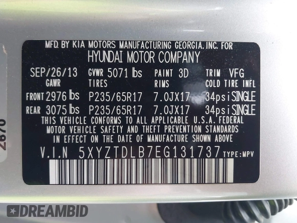 2014 Hyundai Santa Fe Sport with VIN 5XYZTDLB7EG131737, listed as a IAAI auction lot 41917793 with 155,233 mi miles. Bid and sale history available at carsss.com. Image 9.