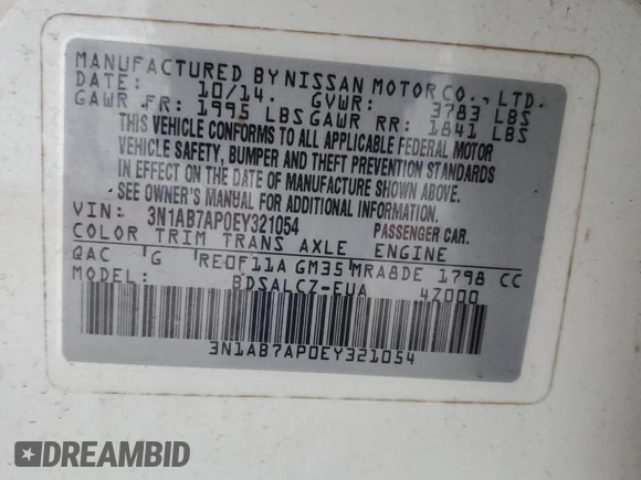 2014 Nissan Sentra SV with VIN 3N1AB7AP0EY321054, listed as a Copart auction lot 52775035 with 169,606 mi miles and Clean Title. Bid and sale history available at DreamBid. Image 12.