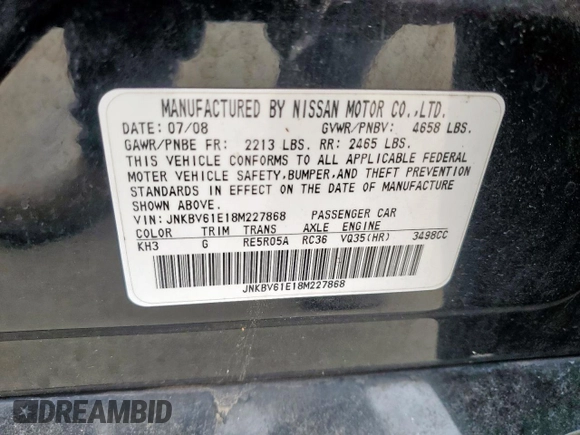 2008 Infiniti G35 Journey с VIN JNKBV61E18M227868, выставлен на аукционе Copart как лот 58927665 с пробегом Не указан миль и Чистый • Clean title. История ставок и продаж доступна на DreamBid. Изображение 12.