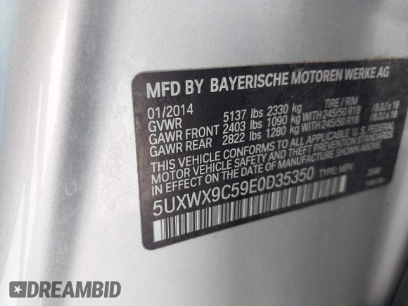 2014 BMW X3 xDrive28i with VIN 5UXWX9C59E0D35350, listed as a IAAI auction lot 42569283 with 172,808 mi miles and . Bid and sale history available at DreamBid. Image 9.
