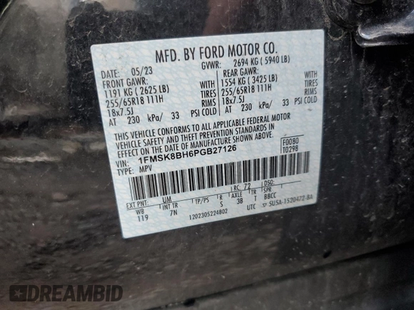 2023 Ford Explorer with VIN 1FMSK8BH6PGB27126, listed as a Copart auction lot 67770524 with 41,519 mi miles and Salvage title. Bid and sale history available at DreamBid. Image 13.
