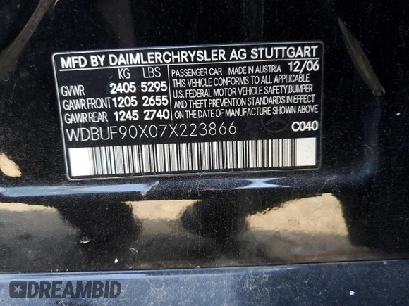 2007 Mercedes-Benz E 550 with VIN WDBUF90X07X223866, listed as a Copart auction lot 50522085 with 118,100 mi miles and Salvage Title. Bid and sale history available at carsss.com. Image 12.