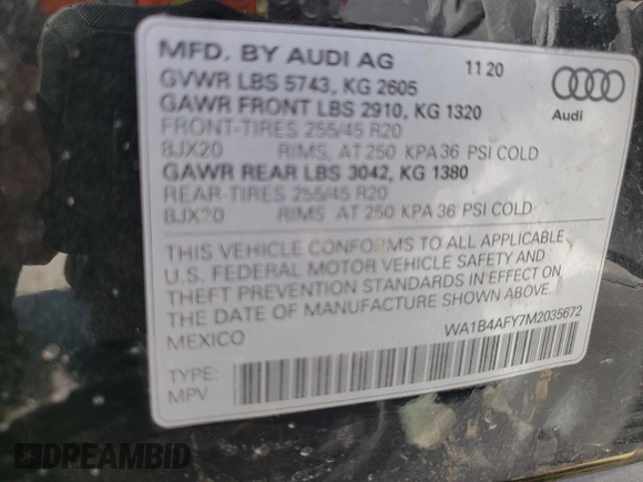 2021 Audi SQ5 Premium Plus with VIN WA1B4AFY7M2035672, listed as a Copart auction lot 59322024 with 25,217 mi miles and Salvage Title. Bid and sale history available at DreamBid. Image 14.