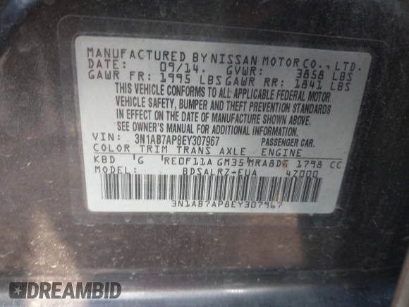 2014 Nissan Sentra S with VIN 3N1AB7AP8EY307967, listed as a IAAI auction lot 42210242 with 145,656 mi miles and . Bid and sale history available at DreamBid. Image 9.
