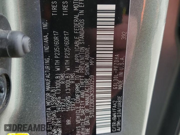 2019 Toyota Sienna L with VIN 5TDZZ3DC2KS993259, listed as a Copart auction lot 87391084 with 202,932 mi miles and Salvage Title. Bid and sale history available at carsss.com. Image 13.