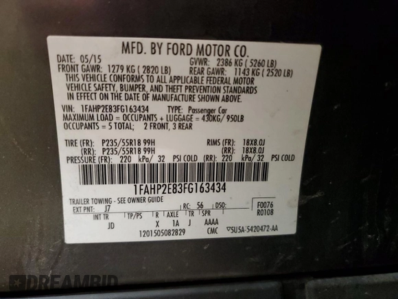 2015 Ford Taurus SEL with VIN 1FAHP2E83FG163434, listed as a Copart auction lot 56521265 with 53,130 mi miles and Clean title. Bid and sale history available at DreamBid. Image 12.