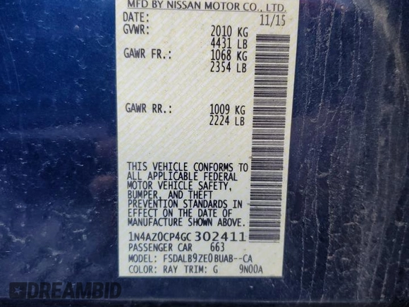 2016 Nissan LEAF S with VIN 1N4AZ0CP4GC302411, listed as a Copart auction lot 74170123 with 58,035 mi miles and . Bid and sale history available at DreamBid. Image 12.
