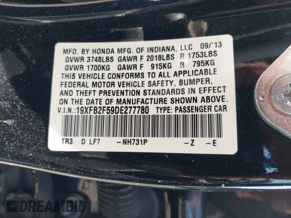 2013 Honda Civic LX with VIN 19XFB2F59DE277780, listed as a IAAI auction lot 42014724 with Not Provided miles and . Bid and sale history available at DreamBid. Image 9.