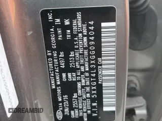 2016 Kia Optima LX with VIN 5XXGT4L3XGG094044, listed as a Copart auction lot 50352784 with 55,341 mi miles and Salvage Title. Bid and sale history available at carsss.com. Image 12.