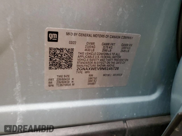 2022 Chevrolet Equinox RS with VIN 2GNAXWEV9N6145728, listed as a Copart auction lot 60309995 with 22,673 mi miles and Salvage title. Bid and sale history available at DreamBid. Image 13.