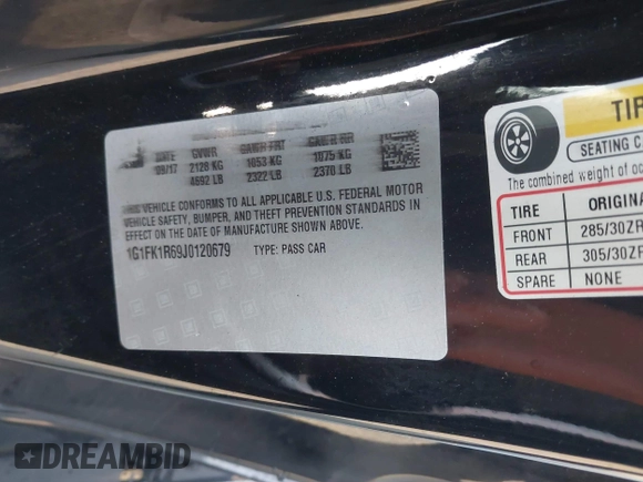 2018 Chevrolet Camaro ZL1 with VIN 1G1FK1R69J0120679, listed as a IAAI auction lot 41767125 with 25,233 mi miles and . Bid and sale history available at DreamBid. Image 9.